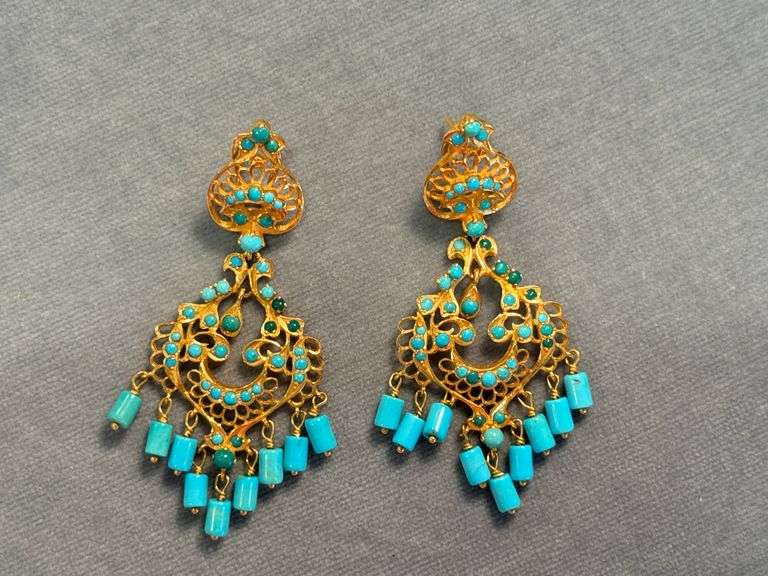 PAIR OF LADIES 22 KARAT YELLOW GOLD AND TURQUOISE BEAD CHANDELIER STYLE DROP EARRINGS BY KARIM