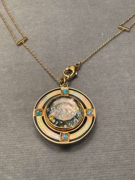 18 KARAT YELLOW GOLD ENAMEL, BLACK OPAL, COLORED DIAMOND AND ROCK CHRYSTAL PENDANT BY RENEE LEWIS