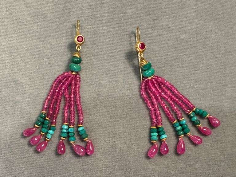 PAIR OF LADIES 18 KARAT YELLOW GOLD RUBY AND TURQUOISE EARRINGS BY DESIGNER DEANNA HAMBRO