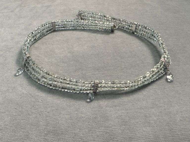 LADIES 18 KARAT WHITE GOLD AQUAMARINE BEAD CHOKER W/ DIAMONDS