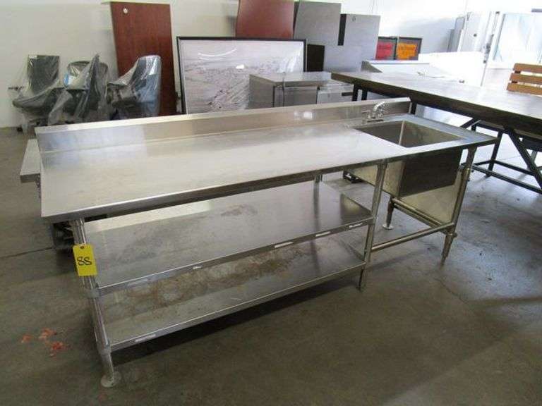 STAINLESS STEEL 3-TIER PREP TABLE W/SINGLE COMPARTMENT SINK, APPROX. 30 ...