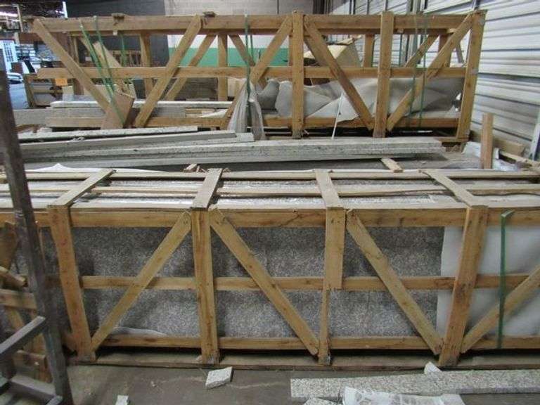 LARGE LOT OF ASSORTED STONE SLABS, VANITY TOPS WITH CUT-OUTS FOR SINK, BACK SPLASH, COUNTER-TOPS, (1) LARGE METAL A-FRAME AND MORE AS SHOWN