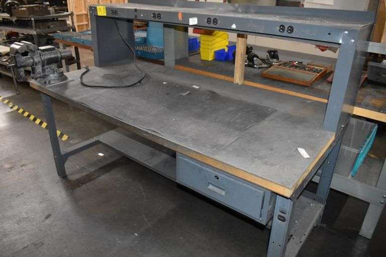 METAL FRAME WORKBENCH, APPROX. 36" X 72", WITH RISER AND 5" VISE