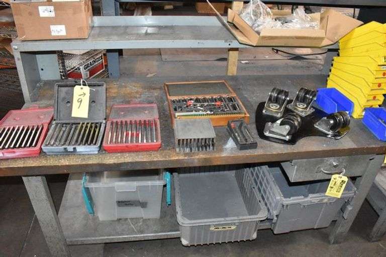METAL FRAME WORKBENCH, APPROX. 30" X 72", WITH RISER, W/CONTENTS, GAGE BLOCKS, BROACH CUTTERS, CUTTERS, DIES, CASTERS, AND MORE AS SHOWN