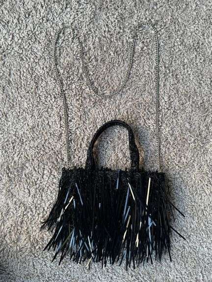 ZARA BLACK BEADED FRINGE CHAIN STRAP BUCKET BAG