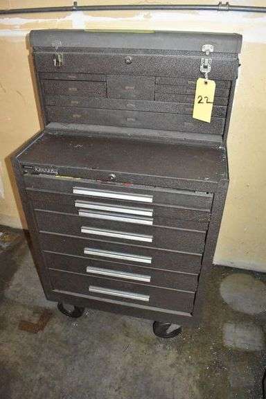 KENNEDY TOOL CHEST WITH BOX, SOME TOOLING AND PARTS IN DRAWERS