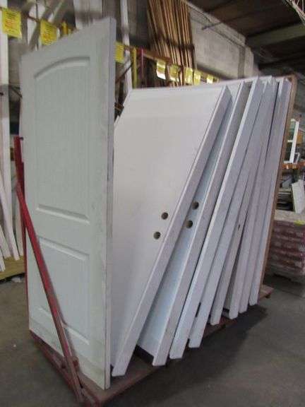METAL  WAREHOUSE CART WITH FORK POCKETS - APPROX. 87" X 44" X 67" , PORTABLE, SOLD WITH (8) 36" X 79" FRAMED DOORS AND (3) ASSORTED DOORS AS SHOWN