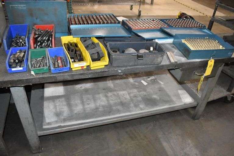 METAL FRAME WORKBENCH, APPROX. 30" X 72", W/CONTENTS, PIN GAUGES, HOLD DOWN BLOCKS, DRILLS AND MORE AS SHOWN