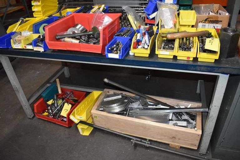 METAL FRAME/WOOD TOP WORKBENCH, APPROX. 36" X 72", W/CONTENTS, ASSORTED DRILLS, COLLETS, END MILLS, HAND TOOLS AND MORE AS SHOWN