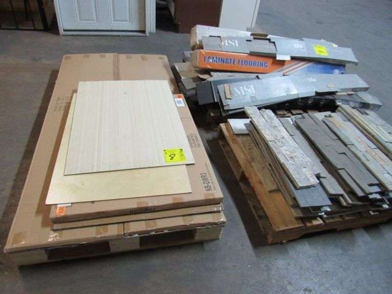LOT, (1) PALLET, ASSORTED VINYL FLOOR PLANKS, (1) PALLET, STONE BACK SPLASH PIECES AND (1) PALLET, SHAKER CABINET PARTS AND MORE AS SHOWN