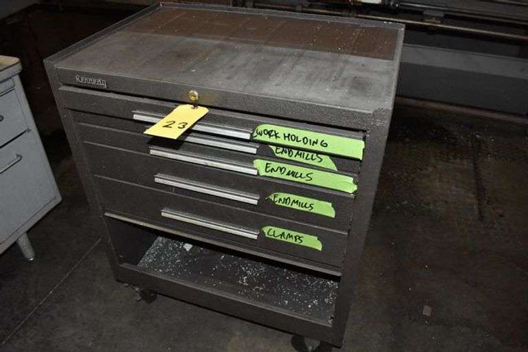 KENNEDY TOOL CHEST WITH BOX, SOME CUTTING TOOLS AND PARTS IN DRAWERS
