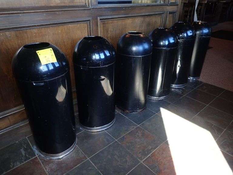 ROUND METAL TRASH BIN W/ RUBBERMAID INSERT **sold 6X the money** - EACH 36" IN HEIGHT