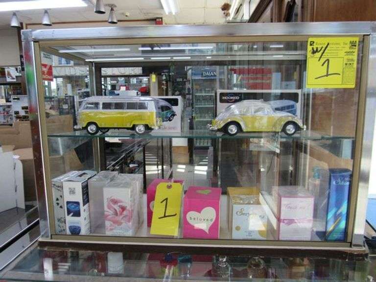 LOT, (10) ASSORTED PERFUMES, (2) CAR SPEAKERS AND INCLUDES DISPLAY CABINET - APPROX. 20" X 30" X 14"