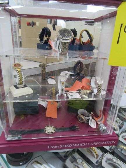 (1) DISPLAY CABINET WITH (14) ASSORTED WATCHES