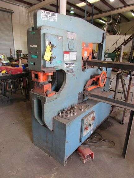 SCOTCHMAN IRON WORKER MDL 9012 S/N S0879M995 5-HP 230-V 3-PHASE WITH ASSORTED DIES, (2) FEED STANDS AND METAL STAND WITH VISE AND RELATED TOOLS