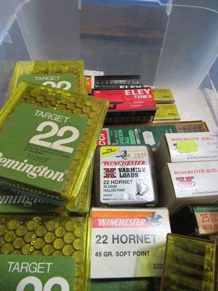 (1) PLASTIC BIN WITH (44) BOXES OF AMMO INCLUDING WINCHESTER, REMINGTON ...