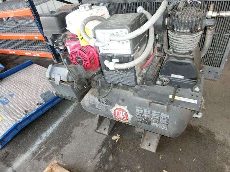 COMPRESSED AIR SYSTEMS AIR COMPRESSOR, NSM WS 240 DC WELDER, HONDA GX3990 GASOLINE ENGINE - APPROX. 30-GALLON AIR TANK  *CONDITION UNKNOWN*