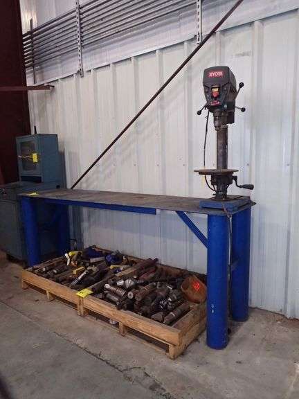 RYOBI BENCH PRESS DRILL DP121L MOUNTED TO STEEL WORK TABLE