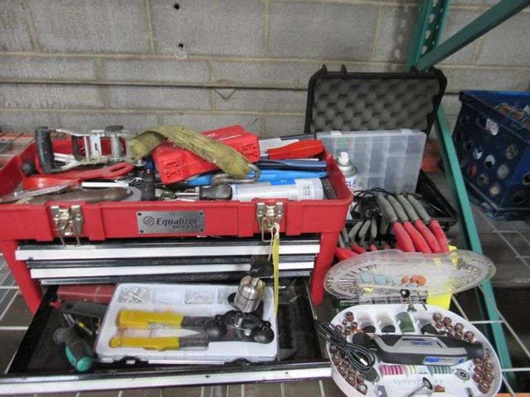 LOT, (1) EQUALIZER TOOL BOX HP2331 WITH ASSORTED TOOLS AND (1) CORDLESS DREMEL TOOL