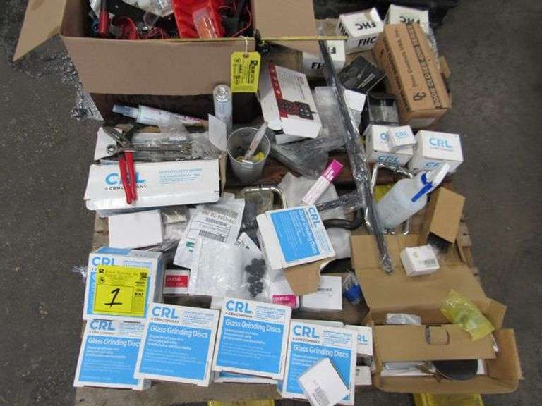 (1) PALLET, ASSORTED ITEMS INCLUDING GLASS GRINDING DISCS, DOOR CLOSER, V519 OBDII DIAGNOSTIC SCAN TOOL AND ASSORTED TOOLS AS SHOWN