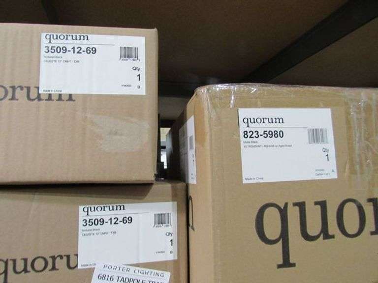 LOT OF APPROX. (6) BOXES, (2) QUORUM 18" 3LT PENDANT-MB-AGB W/AGED BRASS, (1) QUORUM 15" PENDANT MG/AGB W/AGED BRASS, (2) QUORUM TEXTURED BLACK CELESTE 12" CMNT-T&B, (1) QUORUM MATTE BLACK 15" PENDANT MB/AGB W/AGED GLASS