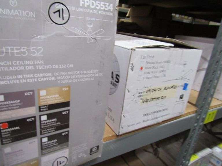 LOT, (4) FANIMATION CEILING FANS - (1) FPD8534MW, (1) FPD6872BLBN, (2) FPD5534, (1) B6720-64MW, (1) B6720-72WW AND (1) B6720-64N