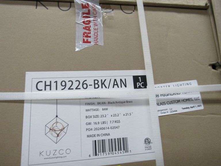 LOT OF (9) ASSORTED KUZCO PRODUCTS, (1) MONZA LIGHT PENDANT #CH19226-BK/AN, (1) PENDANT #CH17703-BK, (1) VESTA LED VANITY #AT7935-BK, (2) PRESTON LED LIGHTS #601471BK-LED, (2) WALL LIGHTS #VL13424-BK (2) FLUSH MOUNT LIGHTS #FM43518-BK