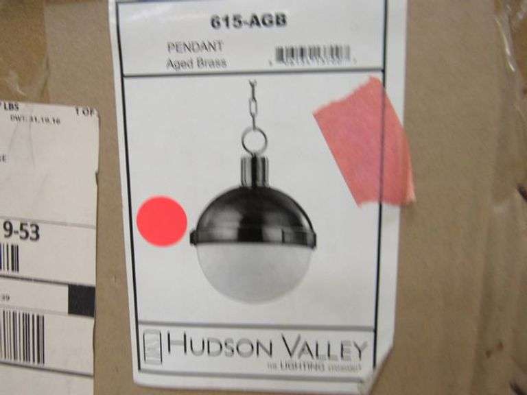 LOT OF (7) BOXES OF ASSORTED HUDSON VALLEY PRODUCTS, (2) PENDANTS #8916PN, (2) WALL SCONCES #H395101-AGB, (1) PENDANT #8615-OR, (1) PENDANT #6518-AGB & (1) PENDANT 615-AGB