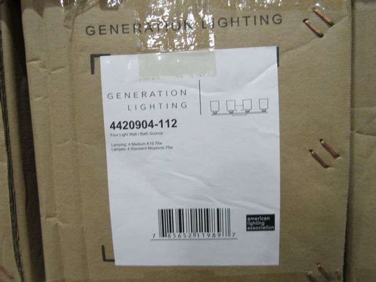 (1) SKID OF APPROX. (35) ASSORTED GENERATION LIGHTING PRODUCTS, 4-LIGHT WALL/BATH SCONCES #4420904-112, 3-LIGHT WALL/BATH #4441303-848, 8-LIGHT ISLAND PENDANT, 1-LIGHT PENDANTS, ETC.