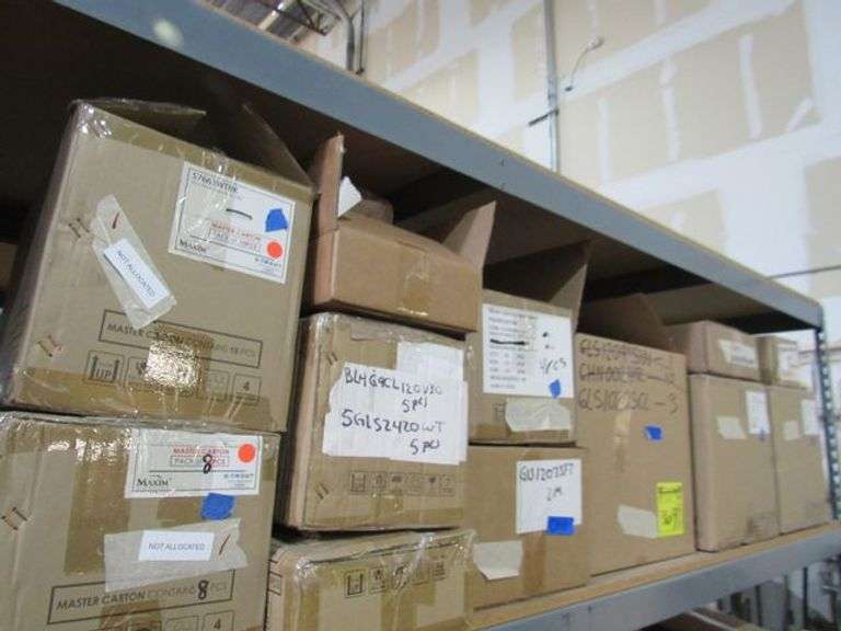 LOT OF APPROX. (13) BOXES MAXIM LIGHTING, 60W VANITY, 9" RD FLUSH MOUNT, GIS11116C1 GLOBES, VANITY GLOBES, ASSORTED DOWN RODS
