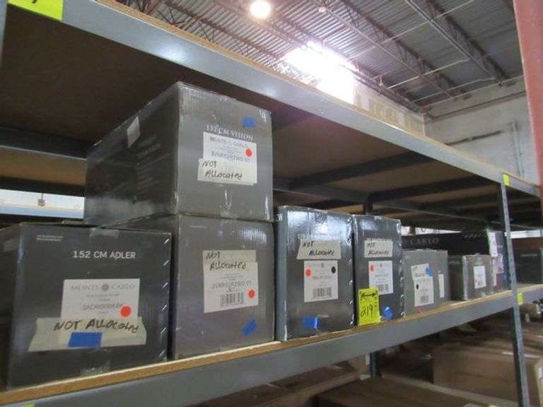 LOT OF (9) BOXES, (1) MONTE CARLO 152 CM ADLER 3ADBR60BKBK, (2) 132CM VISION 3VNR52RZWD-V1, (1) MONTE CARLO 178 CM MAVERICK MAX 3MAVR70RZW, (1) 70" MAVERICK MAX 3MAVR70RZW, (1) MONTE CARLO 132CM SYRUS 3SY52BSD, (1) 52" MONTE CARLO 3WY52BSD, (1) 244 CM LOFT 6LFR96PBSD, (1) MAVERICK LED 60" VISUAL COMFORT 3MAVR60AGP