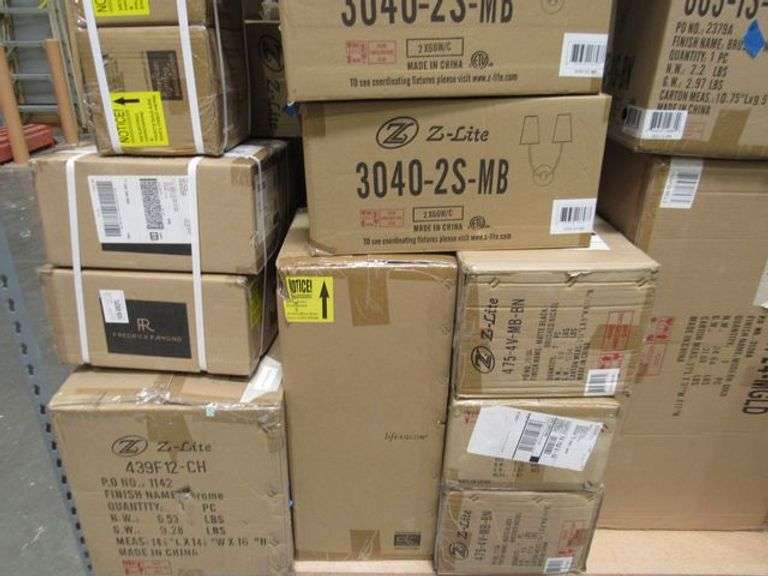 LOT OF APPROX. (32) ASSORTED Z-LITE LIGHTING PRODUCTS, 5-LIGHT VANITIES, 4-LIGHT VANITY, 3-LIGHT VANITIES, CHANDELIERS, LIGHT PENDANTS, WALL LIGHTS, GLASS & PARTS, LED CEILING LIGHTS, ETC.