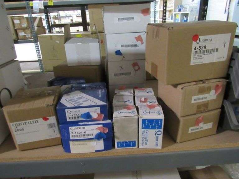 LOT OF (3) SHELVES, QUORUM 1902-86 WINDMILL CIR/SEED KIT-OB, ASSORTED DOWN RODS, ASSORTED CHAIN, QUORUM 1374-806 42"/30" LED PATIO LK WHITE, 4-5665 SQUARE GLS 5365 & 5665, QUORUM 4-5476 RPL GLASS MODUS SERIES, QUORUM 2.25" AMBER SCAVO BARREL, ASSORTED GLOBES, QUORUM 8" PLAIN WHITE MUSHROOM GLASS, FLUSH MAINT CHIME GRILL-TS, QUORUM 4LT CFL LK HOW-AS, MAIN STREET 3059-65 SATIN NICKEL ENCLAVE 1LT MINI STN, QUORUM 4-529 RPL, 4X6 GLS EMPIRE SER CLEAR FLUTED GLASS, ETC.