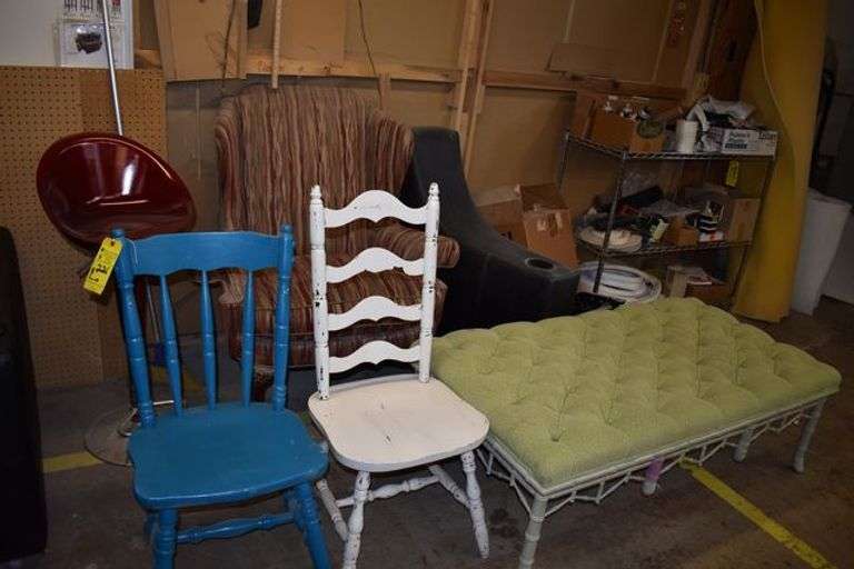 ASSORTED FURNITURE AND MORE AS SHOWN INCLUDING (3) CHAIRS, (1) STOOL, (1) BENCH SEAT AND WIRE RACK WITH CONTENTS AS SHOWN