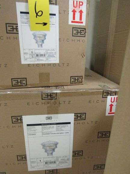 LOT OF APPROX. (16) ASSORTED PRODUCTS, EICHHOLTZ TOSCANO BLUE GLASS CHANDELIER, VISUAL COMFORT LIGHT PENDANTS, LARGE SCONCE, SMALL LIGHT PENDANTS, LARGE LIGHT PENDANTS, ASSORTED SMALL LIGHT SCONCES, ETC.