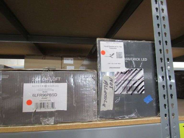 LOT OF (9) BOXES, (1) MONTE CARLO 152 CM ADLER 3ADBR60BKBK, (2) 132CM VISION 3VNR52RZWD-V1, (1) MONTE CARLO 178 CM MAVERICK MAX 3MAVR70RZW, (1) 70" MAVERICK MAX 3MAVR70RZW, (1) MONTE CARLO 132CM SYRUS 3SY52BSD, (1) 52" MONTE CARLO 3WY52BSD, (1) 244 CM LOFT 6LFR96PBSD, (1) MAVERICK LED 60" VISUAL COMFORT 3MAVR60AGP