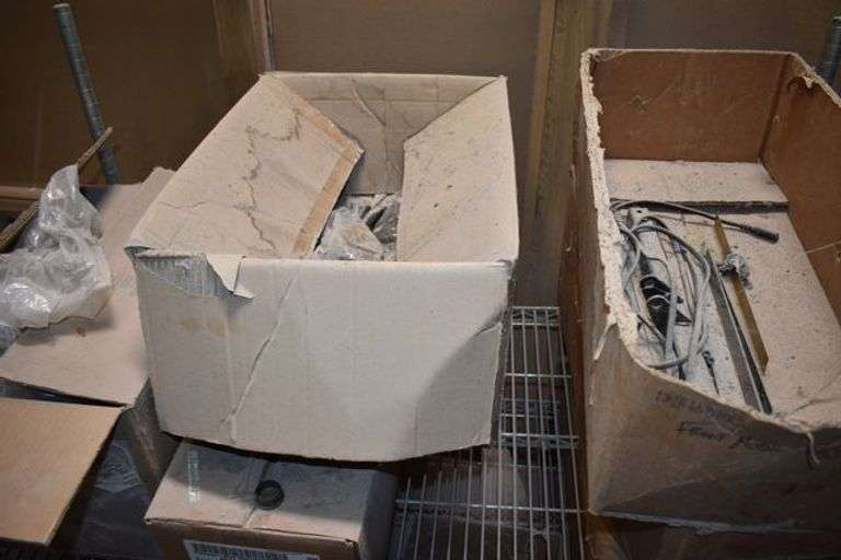 LOT, (2) WIRE RACKS AND (1) WIRE SHELF WITH ASSORTED HARDWARE FOR BUILDING RECLINERS, (1) PALLET, RECLINER PARTS AND (1) PILE OF RECLINER MOTOR ASSEMBLIES AS SHOWN