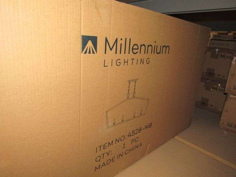LOT OF APPROX. (6) BOXES, (3) MILLENNIUM LIGHTING 4202-PBK CEILING FIXTURES, (1) MILLENNIUM LIGHTING 3244RBZ PENDANT, (1) MILLENNIUM LIGHTING 2601-PBK FIXTURES, (1) MILLENNIUM LIGHTING 4528-MB PENDANT