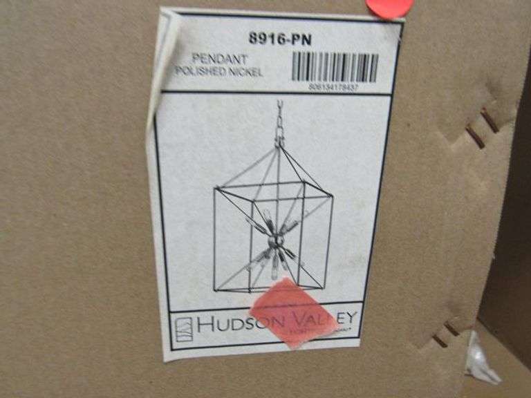 LOT OF (7) BOXES OF ASSORTED HUDSON VALLEY PRODUCTS, (2) PENDANTS #8916PN, (2) WALL SCONCES #H395101-AGB, (1) PENDANT #8615-OR, (1) PENDANT #6518-AGB & (1) PENDANT 615-AGB