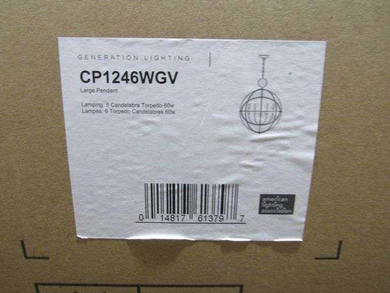 (1) SKID OF APPROX. (21) BOXES OF GENERATION LIGHTING PRODUCTS, (2) LARGE PENDANTS #CP1246WGV, (12) 4-LIGHT VANITIES #VS24304SN, (5) CHIMNEY PENDANT #P1348PN, (1) 4-LIGHT VANITY #VS24704SN & (1) 1-LIGHT OUTDOOR WALL LANTERN #OL12802TXB-L1
