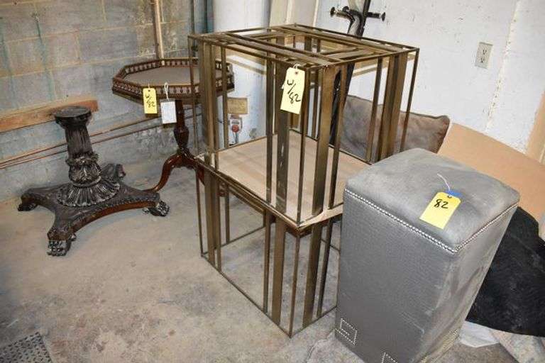 ASSORTED LOT AS SHOWN INCLUDING (1) PADDED STOOL, (2) SIDE TABLES *NO GLASS TOPS*, (1) OCTAGON SIDE TABLE AND (1) TABLE BASE
