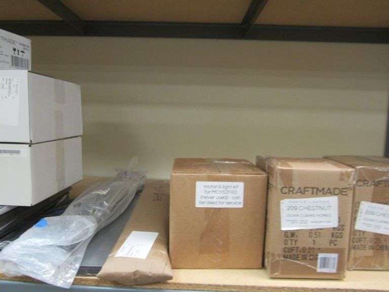 LOT OF ASSORTED HARDWARE, BRACKETS-SW-W, MOTOR & LIGHT KIT #MCY52FB3, BULBS, FAN BLADES, ETC.