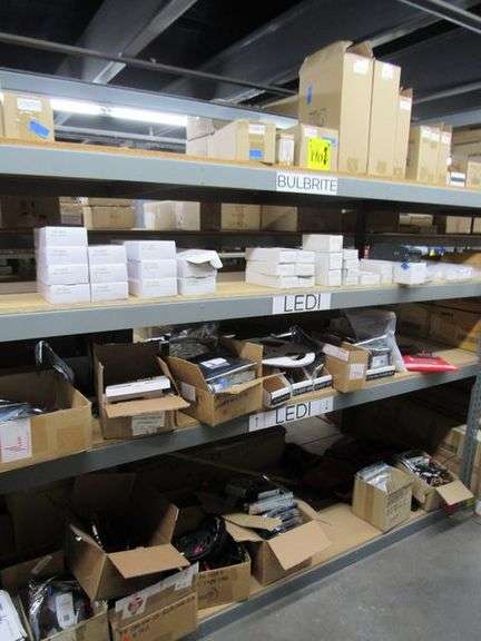 CONTENTS OF SHELF, ASSORTED DIMMABLE LED DRIVERS, BULBS, HARDWARE, LED STRIP BULBS, ETC.