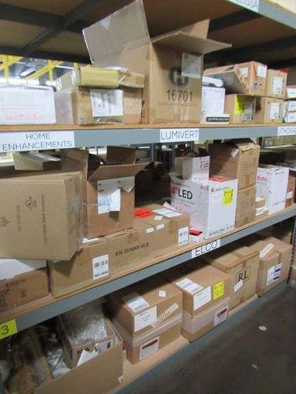 LOT OF APPROX. (28) MISC. BOXES, LUMIVERT 6" LED DISK, VERILITE LED FLUSH 7" SURFACE WRAP AROUND LED 2', 7" LED VERSI LITE, HOMENHANCE FLOOD 226-BK LOW/LED 3000K, ELONGATED SCONCES, (1) LIGHT MATTE BLACK OUTDOOR, FAN LIGHT KIT MDL. K9886L, LED PUCK LIGHT, LED CONSTANT VOLTAGE DRIVER, ETC.
