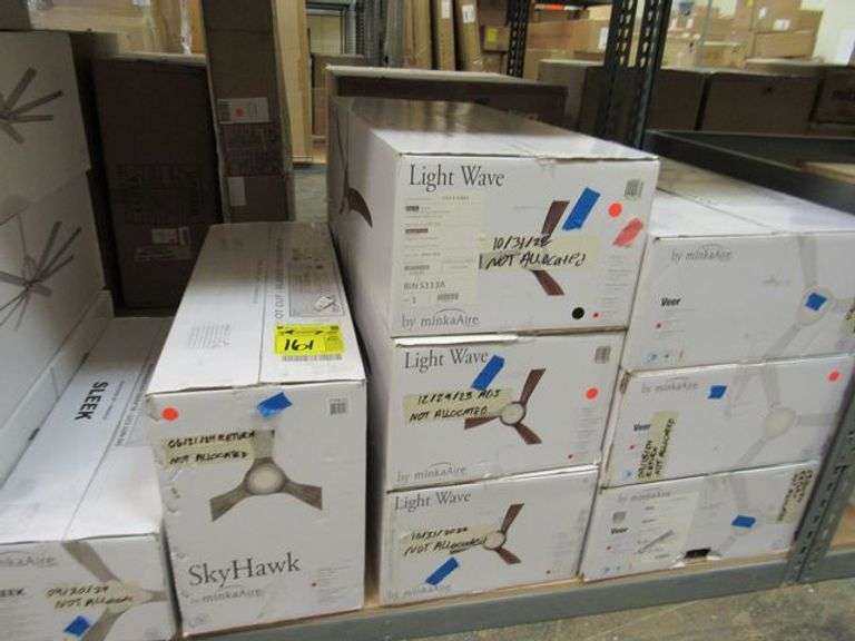 LOT OF (15) MINKA-AIRE ASSORTED CEILING FANS, (7) XTREME H20 65" #F896-65-SI, (3) VEER 56" #F692L-CL, (3) LIGHT WAVE 52" #F844-WH, 56" #F692L-CL, (3) LIGHT WAVE 52" #F844-WH, (1) SKY HAWK 60" #F749L-CL & (1) SLEEK 60" #F868L-CL/CL
