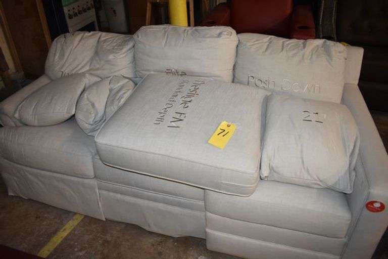 FABRIC UPHOLSTERED SOFA WITH EMBORDERING AS SHOWN