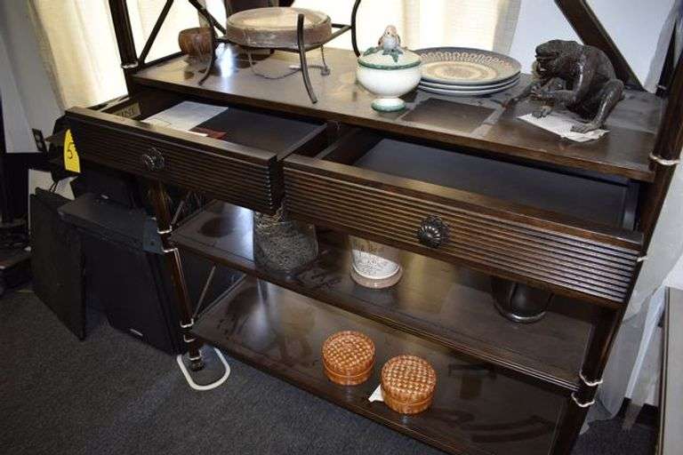 FINE FURNITURE WOOD SHELF WITH 4-GLASS SHELF INSERTS AND 2-DRAWERS - APPROX. 47" X 17" X 91"
