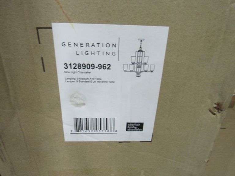 (1) SKID OF APPROX. (20) VISUAL COMFORT/GENERATION LIGHTING PRODUCTS, 4-LIGHT WALL/BATH SCONCES #4439104-962, 9-LIGHT CHANDELIERS #3128909-962, 1-LIGHT CEILING FLUSH MOUNT #75434-962 & 2-LIGHT SWIVEL FLOOD LIGHT #8607-12