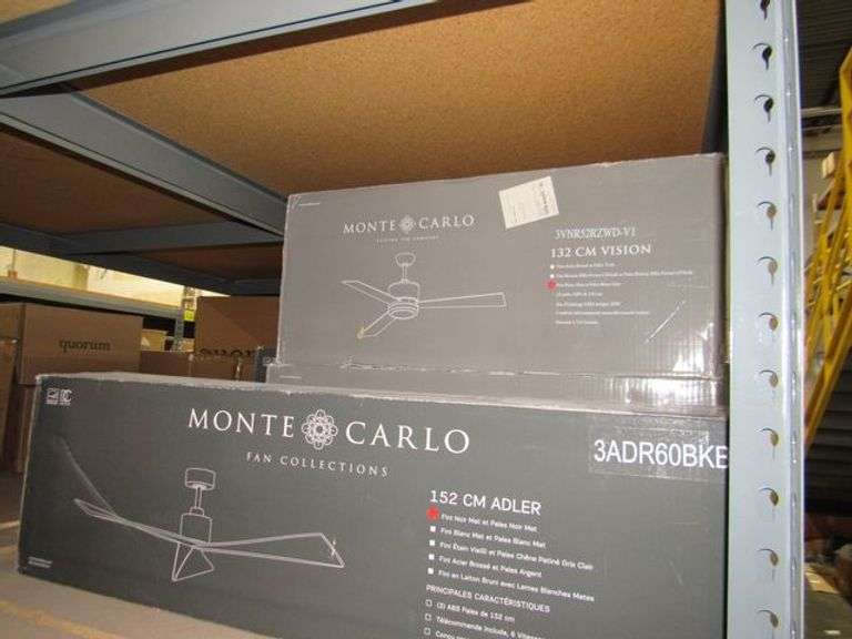 LOT OF (9) BOXES, (1) MONTE CARLO 152 CM ADLER 3ADBR60BKBK, (2) 132CM VISION 3VNR52RZWD-V1, (1) MONTE CARLO 178 CM MAVERICK MAX 3MAVR70RZW, (1) 70" MAVERICK MAX 3MAVR70RZW, (1) MONTE CARLO 132CM SYRUS 3SY52BSD, (1) 52" MONTE CARLO 3WY52BSD, (1) 244 CM LOFT 6LFR96PBSD, (1) MAVERICK LED 60" VISUAL COMFORT 3MAVR60AGP