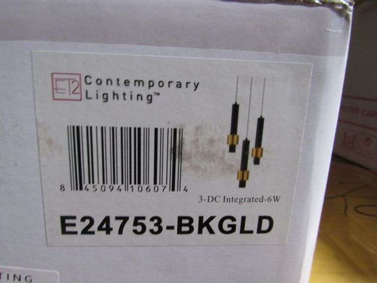 LOT OF (7) BOXES, CONTEMPORARY COLLECTION, E30292-ACPBK INTERLACED 24" OUTDOOR WAL SCONCE, E24753-BKGLD PENDANT, E31240-20BK WALL MOUNT, E24711-144GID VANITY, E24136-PC PENDANT